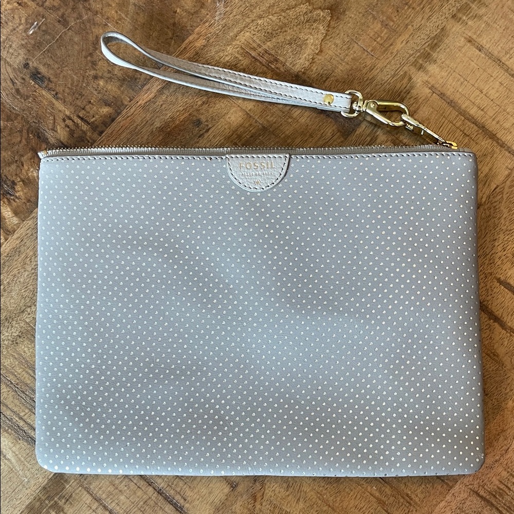 Fossil Envelope Pouch Wallet Polka Dot Grey Gold Clutch